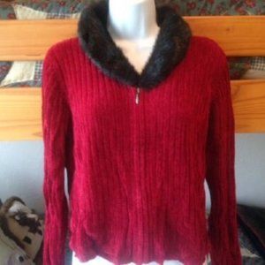 Valerie Stevens BURGUNDY chenille sweater BLACK FUR removable collar * PM or M *
